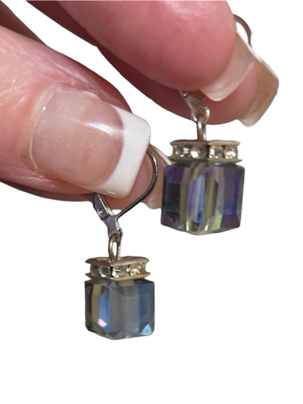 Cube Cut Blue Aurora Borealis Crystal Silvertone Lever Back Earrings